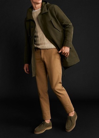 Men's Olive Parka, Tan Cable Sweater, Khaki Chinos, Olive Suede Desert Boots