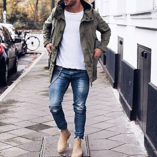 Olive Parka Outfits For Men: An olive parka and blue jeans are a smart combination to have in your daily casual collection. Rounding off with a pair of tan suede chelsea boots is an easy way to introduce a bit of flair to this ensemble.