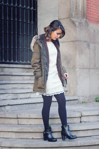 Women's Olive Parka, White Lace Sheath Dress, Black Leather Ankle Boots, Black Wool Tights