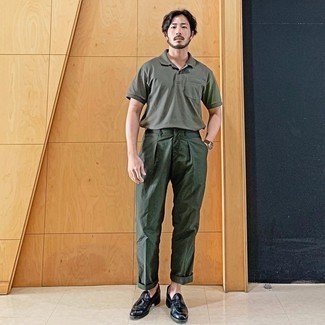 Dark Green Polo Outfits For Men: Combining a dark green polo with dark green chinos is a great pick for a neat and relaxed outfit. If you wish to easily spruce up this outfit with one single piece, why not add black leather tassel loafers to the mix?