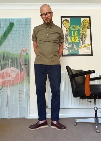 Men's Olive Polo, Navy Chinos, Dark Brown Leather Loafers, Clear Sunglasses