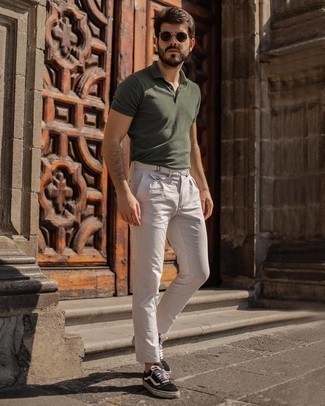 Dark Green Sunglasses Outfits For Men: Consider pairing an olive polo with dark green sunglasses to feel fully confident in yourself and look fashionable. Puzzled as to how to complement your look? Wear black and white canvas low top sneakers to rev up the classy factor.