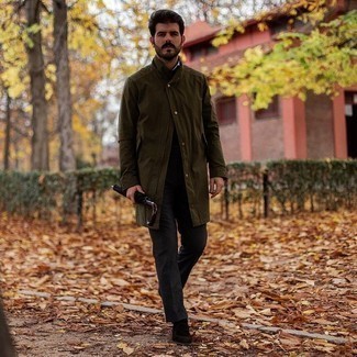 Olive Raincoat Outfits For Men: This laid-back pairing of an olive raincoat and charcoal chinos is a life saver when you need to look stylish but have zero time to plan an outfit. For a more elegant feel, why not throw a pair of dark brown suede loafers into the mix?