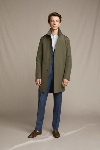 Men's Olive Raincoat, Navy Suit, White Short Sleeve Shirt, Olive Leather Loafers