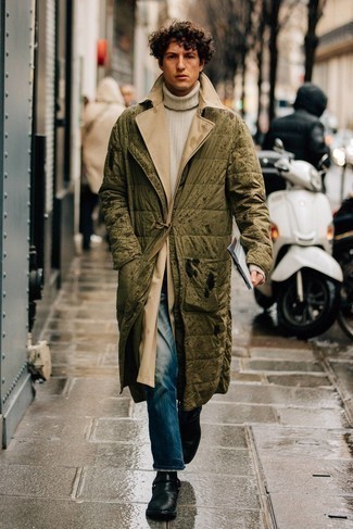 Olive Raincoat Outfits For Men: Pair an olive raincoat with navy jeans to assemble an interesting and modern-looking casual ensemble. Make a bit more effort now and add a pair of black leather chelsea boots to your look.