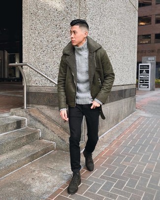 500+ Winter Outfits For Men: One of the best ways for a man to style out an olive shearling jacket is to combine it with black jeans in a laid-back outfit. Avoid looking too casual by finishing with a pair of dark green suede casual boots. Many people suppose that just because winter is colder you have to sacrifice on style, but that's just not true, and this look is hard proof.