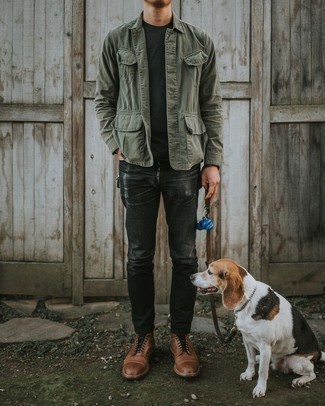 Dark Green Shirt Jacket Outfits For Men: Consider pairing a dark green shirt jacket with black ripped jeans to create an everyday outfit that's full of charisma and personality. You know how to lift up this look: brown leather casual boots.