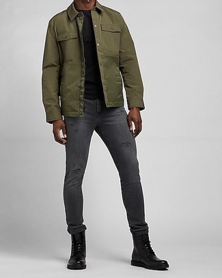 Men's Olive Shirt Jacket, Black Crew-neck T-shirt, Charcoal Ripped Skinny Jeans, Black Leather Casual Boots