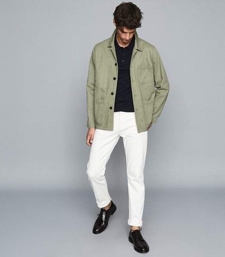 Men's Olive Shirt Jacket, Black Polo, White Chinos, Black Leather Derby Shoes