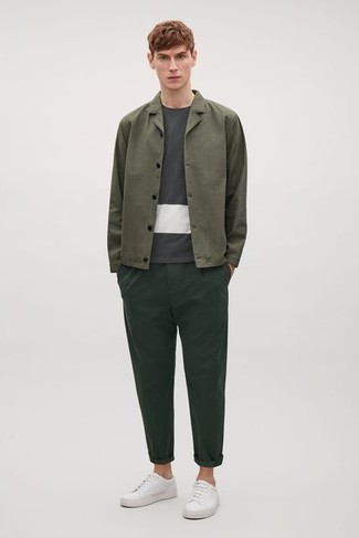 Teal Shirt Jacket Outfits For Men: Turn up your casual style game by opting for this combination of a teal shirt jacket and dark green chinos. Feeling experimental today? Change things up a bit with a pair of white canvas low top sneakers.