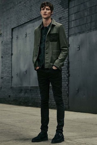 Black Suede Chelsea Boots Outfits For Men: Pair a dark green shirt jacket with black jeans for a laid-back kind of elegance. If you want to feel a bit classier now, add black suede chelsea boots to the equation.