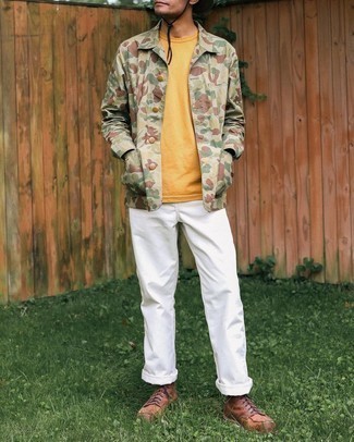 Olive Camouflage Shirt Jacket Outfits For Men: When the situation permits a laid-back outfit, dress in an olive camouflage shirt jacket and white chinos. For extra fashion points, introduce a pair of brown leather casual boots to your ensemble.
