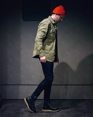 Yellow Beanie Outfits For Men: This city casual combo of an olive shirt jacket and a yellow beanie can only be described as seriously stylish. For extra fashion points, complete this outfit with black leather casual boots.