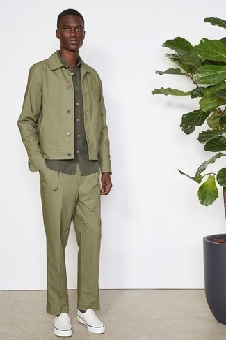 Men's Olive Shirt Jacket, Olive Short Sleeve Shirt, Olive Chinos, White Canvas Low Top Sneakers