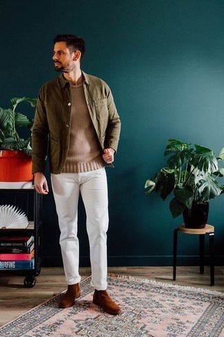 Beige Crew-neck Sweater Spring Outfits For Men: A beige crew-neck sweater and white jeans are a good outfit worth having in your casual styling repertoire. If you need to easily perk up your outfit with a pair of shoes, why not make brown suede chelsea boots your footwear choice? This is a goofproof option for a cool look that transitions easily into spring.