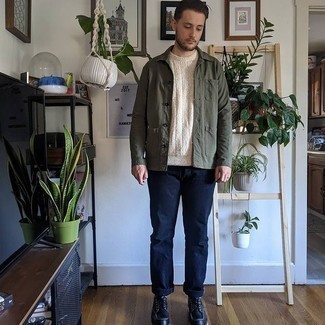 Casual Boots Outfits For Men: Wear an olive shirt jacket with navy jeans to achieve a laid-back and cool ensemble. Complete this look with casual boots to tie the whole ensemble together.