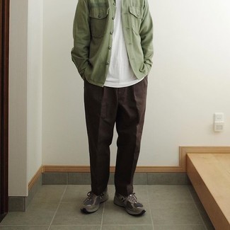 Men's Olive Shirt Jacket, White Crew-neck T-shirt, Dark Brown Chinos, Brown Athletic Shoes