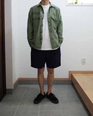 Olive Shirt Jacket Outfits For Men: This combo of an olive shirt jacket and navy check shorts is impeccably stylish and yet it looks casual and apt for anything. Add a dash of stylish casualness to by slipping into a pair of black canvas low top sneakers.