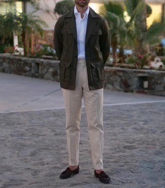 Khaki Dress Pants Spring Outfits For Men: An olive shirt jacket and khaki dress pants are a truly sharp combo for any man to try. Consider dark brown suede tassel loafers as the glue that will pull your look together. So if you're in search of an ensemble that's dapper but also feels totally season-appropriate, this one fits the task well.