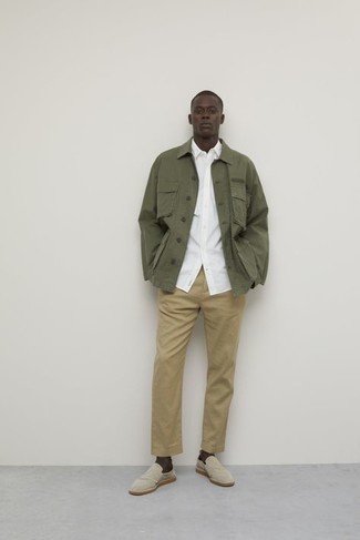 Beige Canvas Loafers Outfits For Men: Dapper up in an olive shirt jacket and khaki chinos. Serve a little mix-and-match magic by rocking a pair of beige canvas loafers.