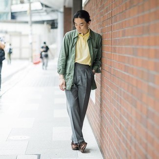 Men's Olive Shirt Jacket, Yellow Polo, Grey Dress Pants, Dark Brown Leather Boat Shoes