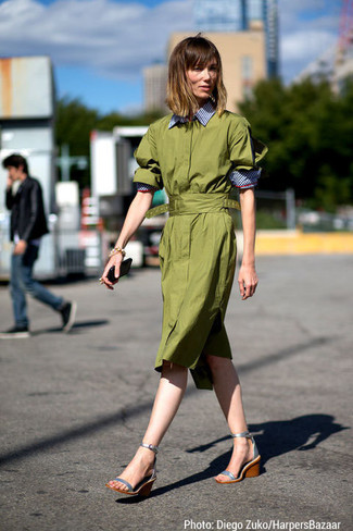 Women's Olive Shirtdress, Silver Leather Wedge Sandals