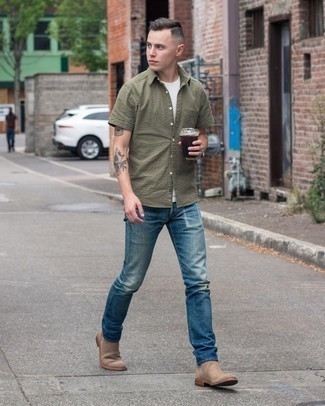 Men's Olive Short Sleeve Shirt, White Crew-neck T-shirt, Blue Ripped Jeans, Tan Suede Chelsea Boots