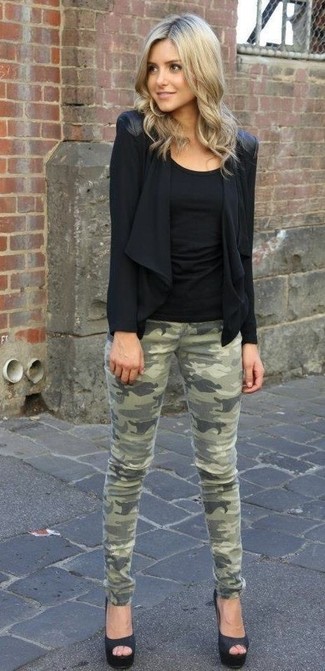 Women's Black Satin Pumps, Olive Camouflage Skinny Jeans, Black Tank, Black Open Cardigan