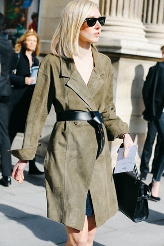 Black Leather Waist Belt Outfits: An olive suede trenchcoat and a black leather waist belt are true must-haves if you're putting together a casual wardrobe that holds to the highest sartorial standards.