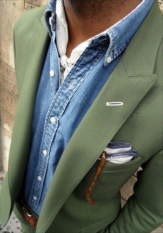 Dark Green Suit Outfits: A modern gentleman's elegant wardrobe should always include such must-haves as a dark green suit and a blue denim shirt.