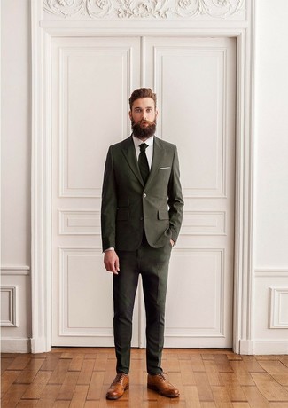Dark Green Suit Outfits: Combining a dark green suit and a white dress shirt is a surefire way to infuse personality into your wardrobe. For something more on the off-duty side to finish this outfit, introduce brown leather brogues to the equation.