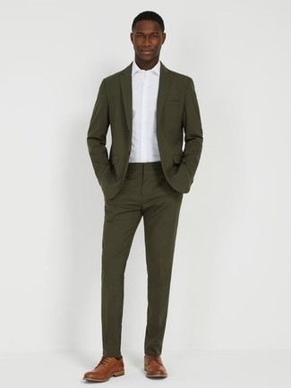 Brown Leather Derby Shoes Warm Weather Outfits: Go for an olive suit and a white dress shirt for classic style with a twist. Get a little creative when it comes to footwear and tone down this look by rounding off with a pair of brown leather derby shoes.