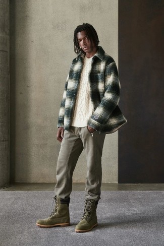 Men's Olive Suede Work Boots, Olive Sweatpants, White Cable Sweater, Dark Green Check Flannel Shirt Jacket