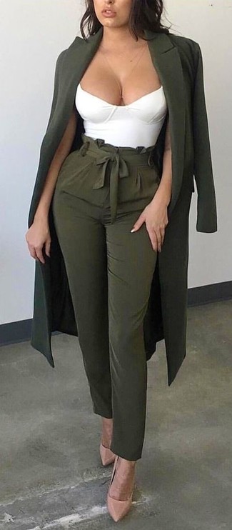 Women's Beige Leather Pumps, Olive Tapered Pants, White Cropped Top, Olive Coat