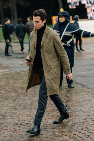 Men's Olive Plaid Trenchcoat, Black Turtleneck, Charcoal Chinos, Black Leather Chelsea Boots