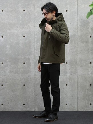 Olive Windbreaker Outfits For Men: This combination of an olive windbreaker and black chinos will prove your expertise in men's fashion even on weekend days. Put an elegant spin on an otherwise too-common outfit by finishing with black leather derby shoes.