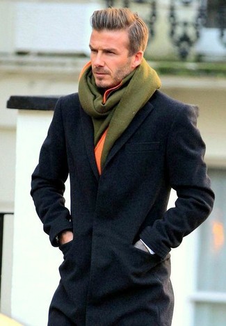 David Beckham wearing Olive Wool Scarf, Charcoal Overcoat