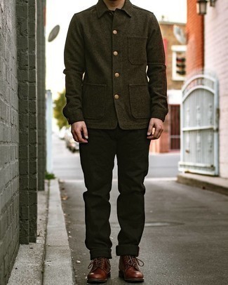 Olive Wool Shirt Jacket Outfits For Men: This combo of an olive wool shirt jacket and black jeans is the ultimate casual style for any gentleman. Go for brown leather casual boots and the whole look will come together.