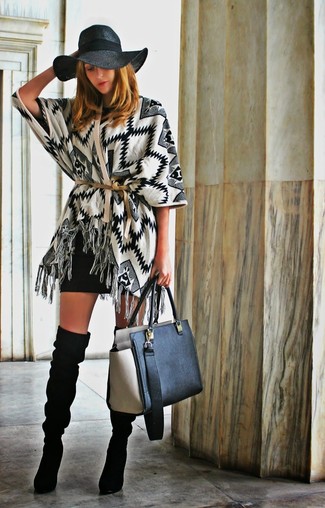 Women's White and Black Chevron Open Cardigan, Black Bodycon Dress, Black Suede Over The Knee Boots, Black Leather Tote Bag