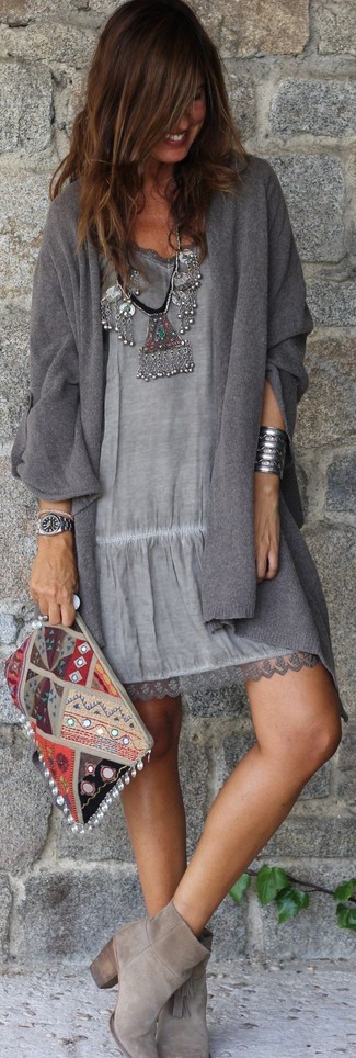 Women's Charcoal Open Cardigan, Grey Casual Dress, Grey Suede Ankle Boots, Grey Embroidered Suede Clutch