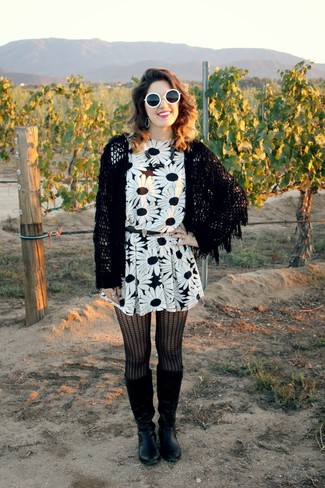 Women's Black Knit Open Cardigan, White and Black Floral Casual Dress, Black Leather Knee High Boots, Black Leather Belt