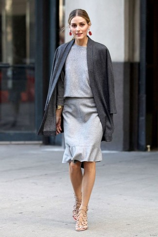 Charcoal Open Cardigan Outfits For Women: A charcoal open cardigan and a grey pencil skirt are a cool getup worth having in your daily outfit choices. Feeling bold today? Change things up a bit by sporting beige leather heeled sandals.