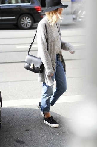 Wool Hat Outfits For Women: If you're a fan of casual pairings, then you'll like this pairing of a grey open cardigan and a wool hat. On the shoe front, go for something on the more elegant end of the spectrum with black slip-on sneakers.
