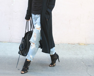 Black Suede Heeled Sandals Relaxed Outfits: For a neat and relaxed ensemble, marry a black knit open cardigan with light blue ripped boyfriend jeans — these items work really great together. A pair of black suede heeled sandals effortlessly steps up the chic factor of your outfit.