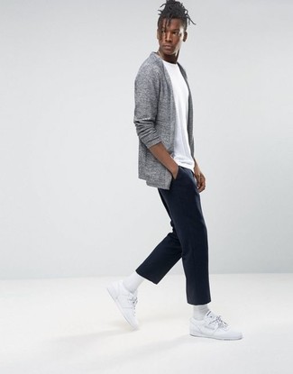 Grey Open Cardigan Outfits For Men: For a casually dapper ensemble, reach for a grey open cardigan and black chinos — these pieces work beautifully together. For maximum style, introduce white leather low top sneakers to the equation.
