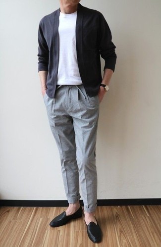Men's Navy Open Cardigan, White Crew-neck T-shirt, Grey Chinos, Black Leather Loafers