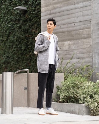 Open Cardigan Outfits For Men: For a cool and casual outfit, consider wearing an open cardigan and black jeans — these two items play nicely together. Complete your outfit with white canvas low top sneakers for extra fashion points.