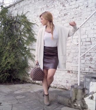 Women's White Open Cardigan, White Crew-neck T-shirt, Burgundy Leather Pencil Skirt, Grey Suede Ankle Boots