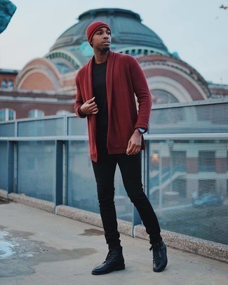Red Open Cardigan Outfits For Men: If you're all about relaxed styling when it comes to fashion, you'll love this modern casual combination of a red open cardigan and black skinny jeans. If you want to immediately up the style ante of your look with shoes, why not complete your outfit with a pair of black leather casual boots?