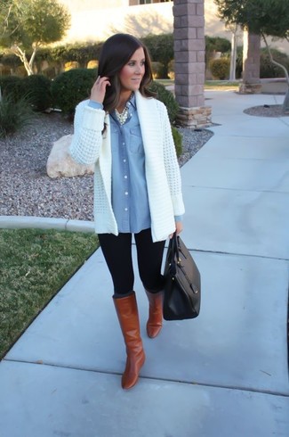 White Open Cardigan Outfits For Women: If you're all about relaxed dressing when it comes to fashion, you'll appreciate this uber cute combination of a white open cardigan and black leggings. Want to break out of the mold? Then why not add a pair of tobacco leather knee high boots to the equation?
